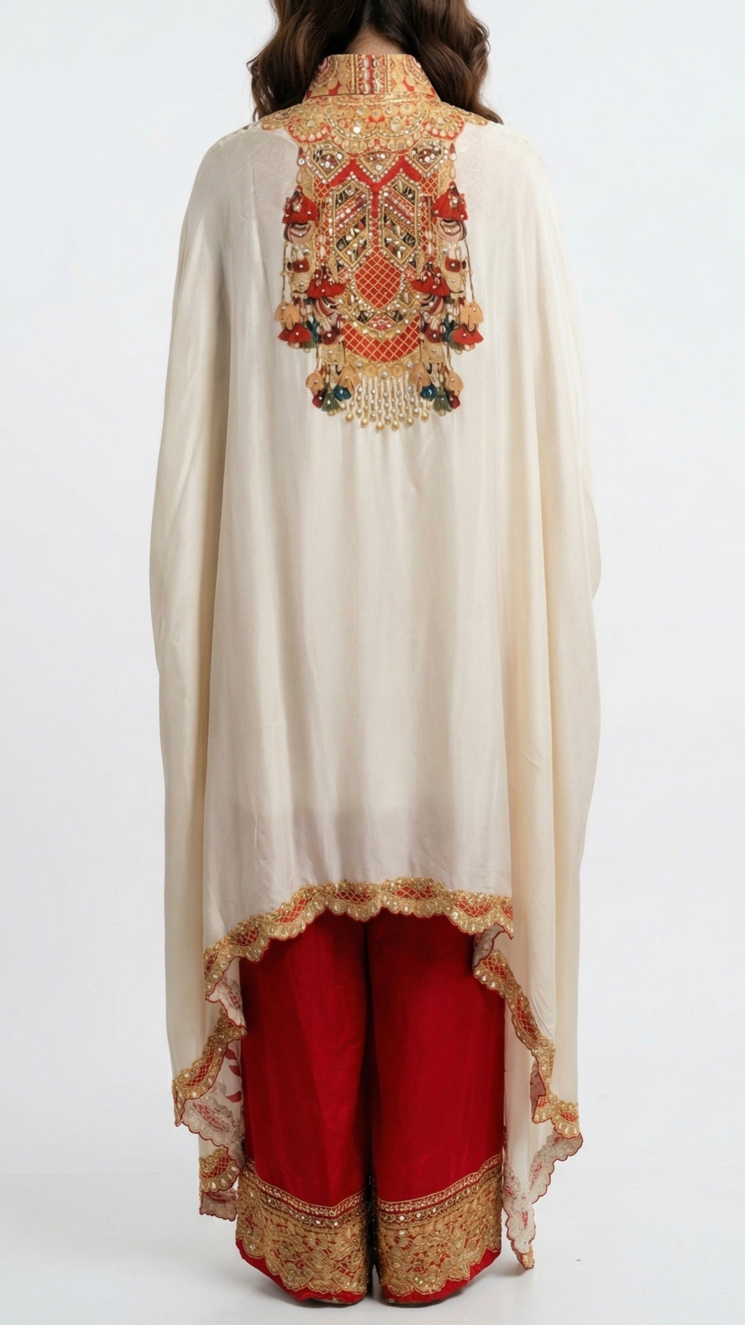 Beige & Red Digital Printed Crepe Coord Set with Cape Embellished with Pearl, Sequins & Sippi